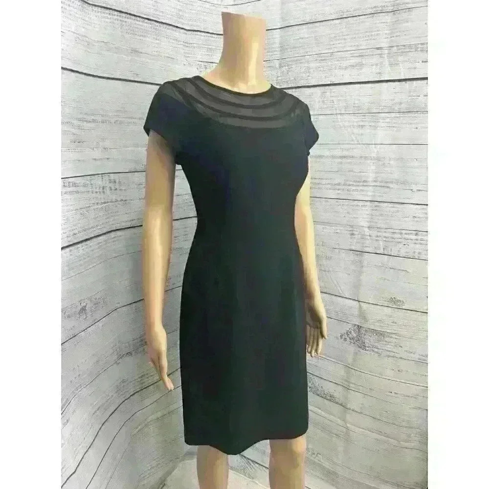 Talbots A Line Black Illusion Neck Dress‎ Size 2 Career Lined Cap Sleeve Stretch